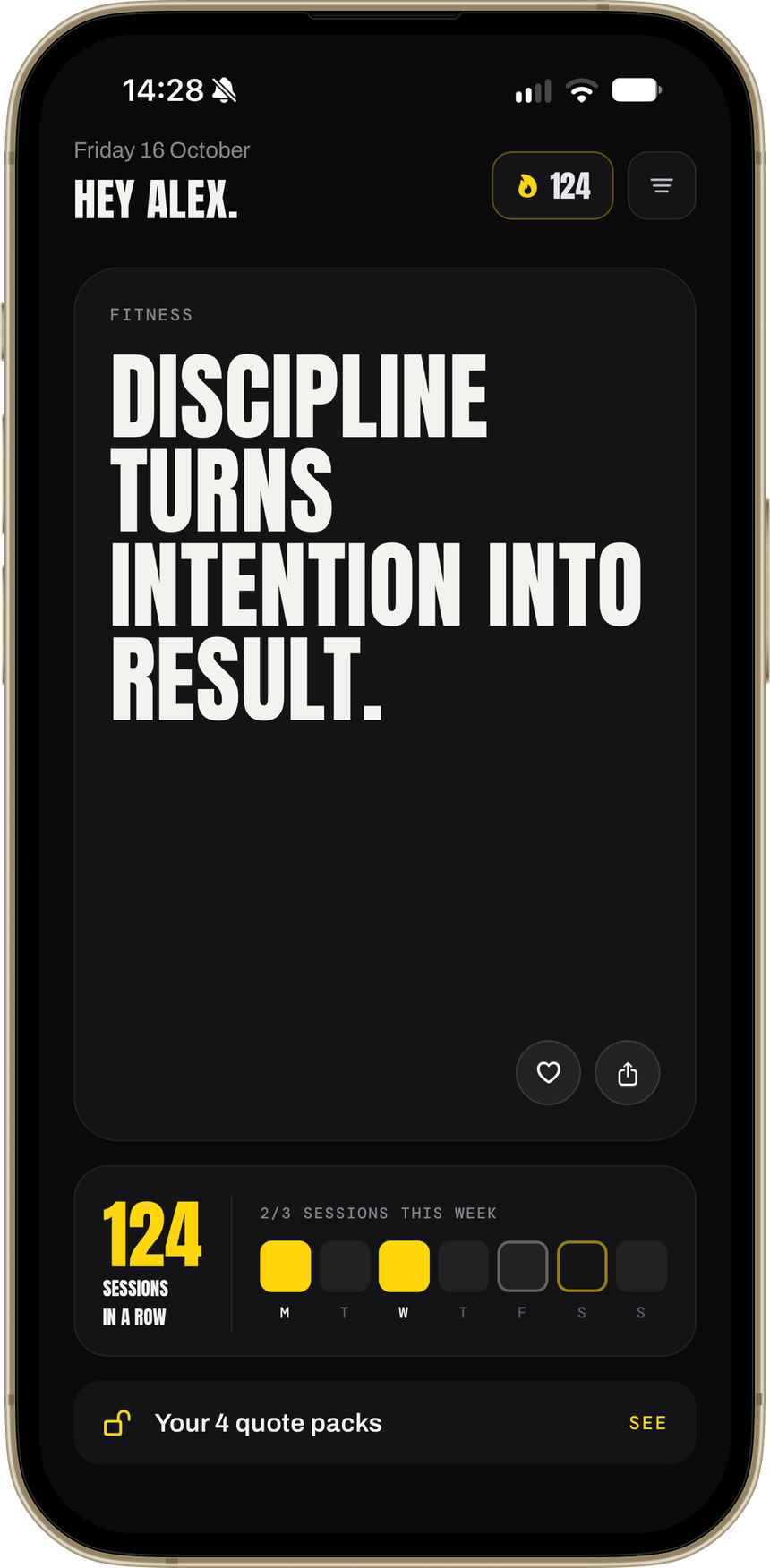 Warmup home screen showing today's quote and a running session streak
