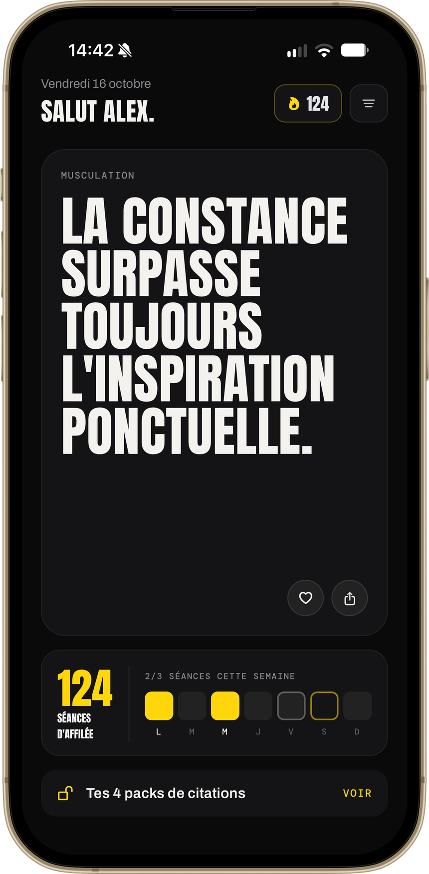 Écran d'accueil Warmup avec la citation du jour et une série de séances
